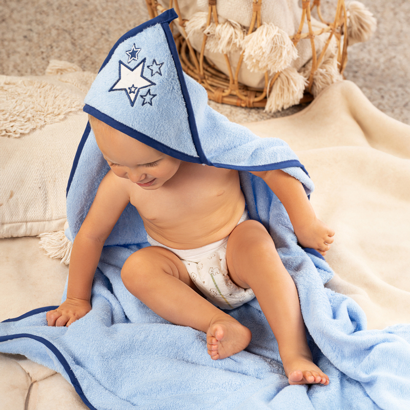 Βρεφική Πετσέτα με Κουκούλα Μπλε Αστέρια