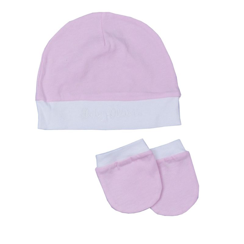 Oliver Baby Σετ Σκουφάκι & 2 Γαντάκια Ροζ-Λευκό-Ύφασμα Ζέρσεϋ