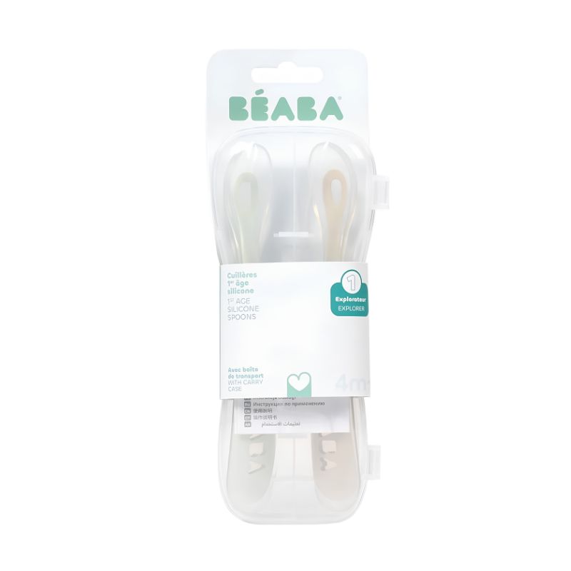Beaba 1st Stage Σετ Σιλικονούχα Κουτάλια 2 τμχ Με Θήκη Μεταφοράς Για 4+ Μηνών Clay / Misty green