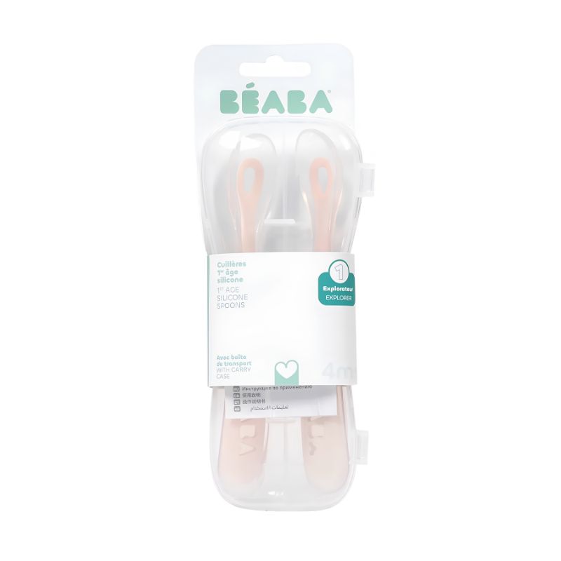 Beaba 1st Stage Σετ Σιλικονούχα Κουτάλια 2 τμχ Με Θήκη Μεταφοράς Για 4+ Μηνών Cotton Candy / Sorbet