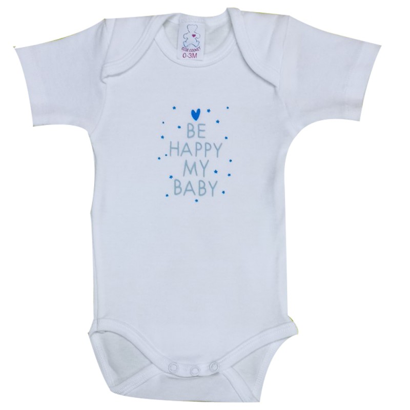 Bebecooney Κοντομάνικο Φορμάκι-Εσώρουχο Be Happy My Baby Λευκό-Σιέλ 0-3 Μηνών 9970