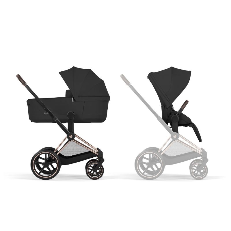 Cybex Priam Comfort Σύστημα Μεταφοράς 2-Σε-1 Με Αναδιπλούμενο Πορτ Μπεμπέ Sepia Black | black Με Σκελετό Rosegold | rosegold
