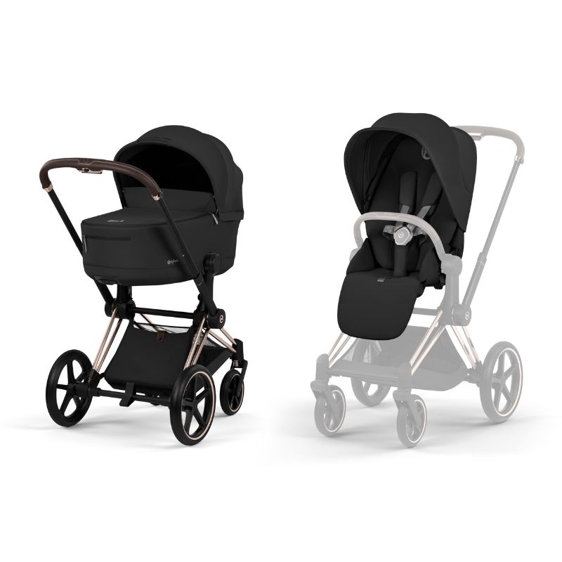 Cybex Priam Comfort Σύστημα Μεταφοράς 2-Σε-1 Με Αναδιπλούμενο Πορτ Μπεμπέ Sepia Black | black Με Σκελετό Rosegold | rosegold