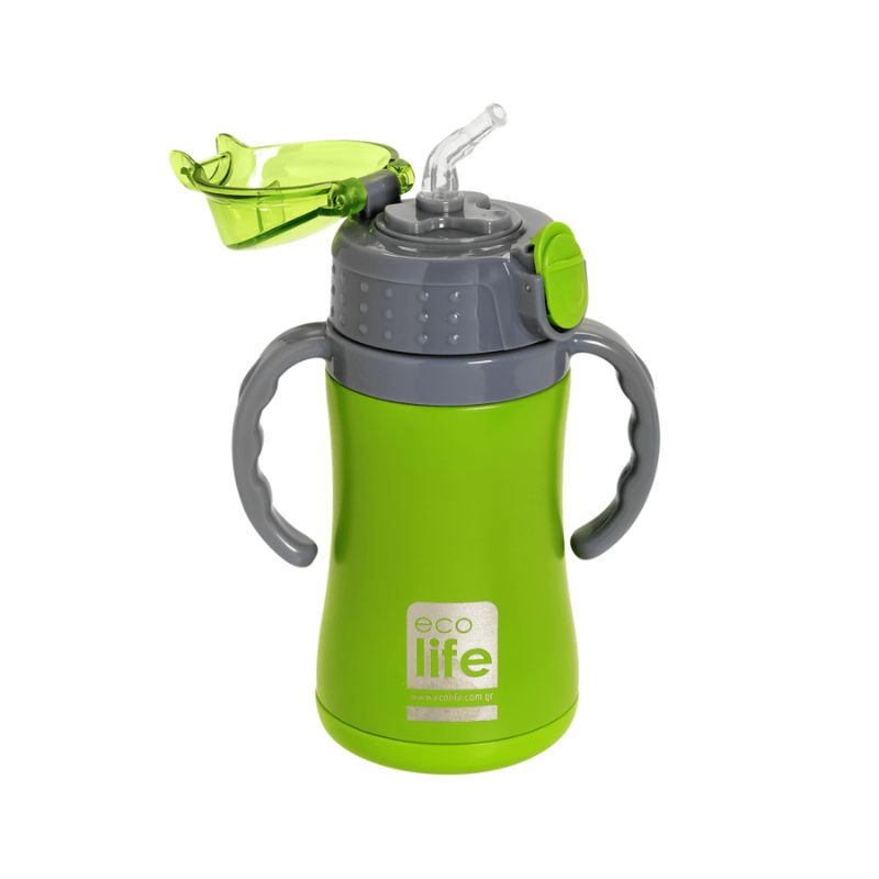 Ecolife Kids Μεταλλικό Θερμός Νερού Με Καλαμάκι 300ml Green