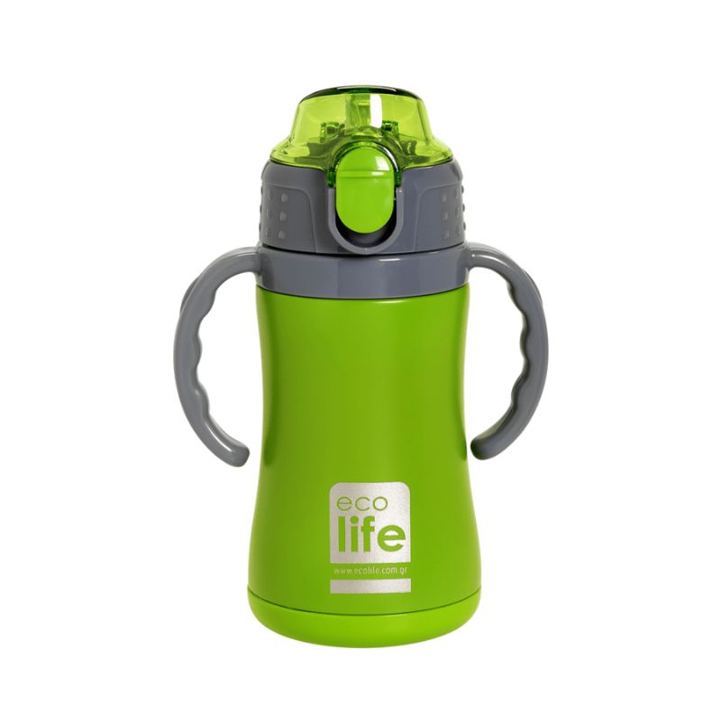 Ecolife Kids Μεταλλικό Θερμός Νερού Με Καλαμάκι 300ml Green