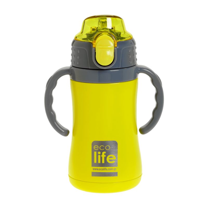 Ecolife Kids Μεταλλικό Θερμός Νερού Με Καλαμάκι 300ml Yellow