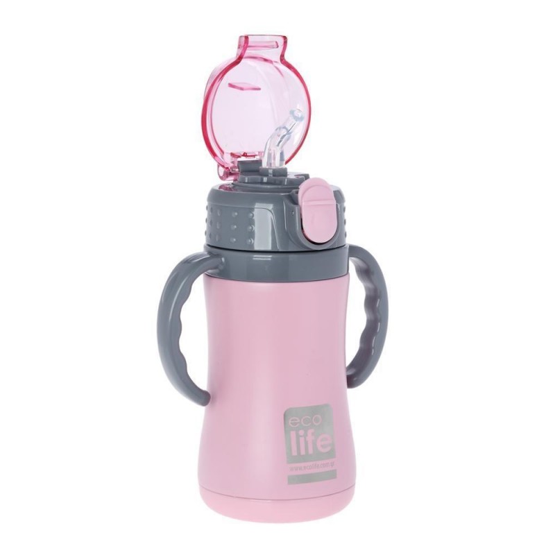 Ecolife Kids Μεταλλικό Θερμός Νερού Με Καλαμάκι 300ml Pink