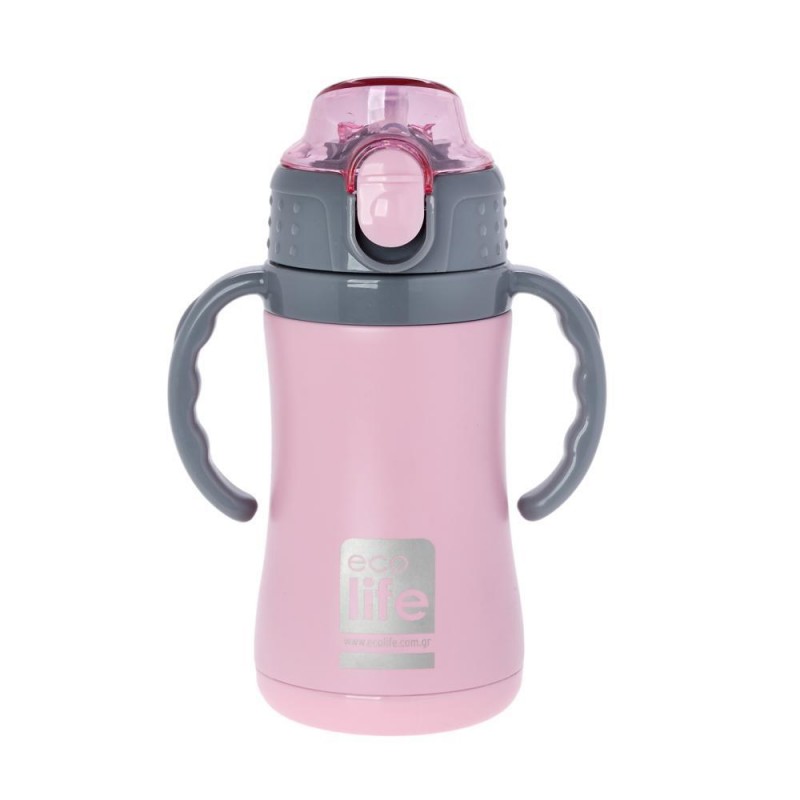 Ecolife Kids Μεταλλικό Θερμός Νερού Με Καλαμάκι 300ml Pink