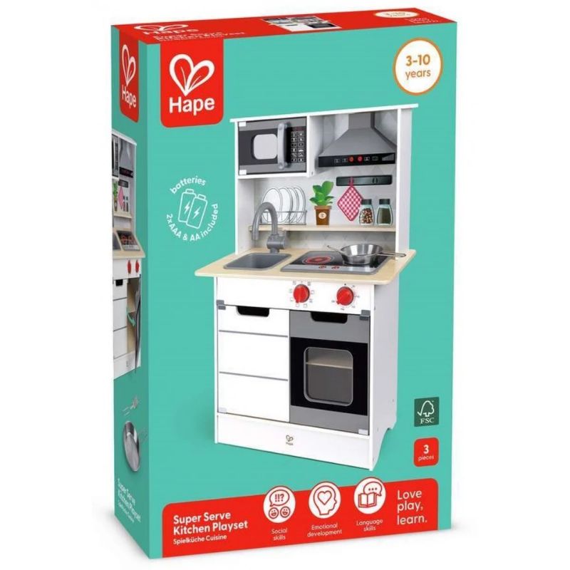 Hape Σετ Ξύλινη Κουζίνα Με Σκεύη 3 τμχ Super Serve Για 3-10 Ετών