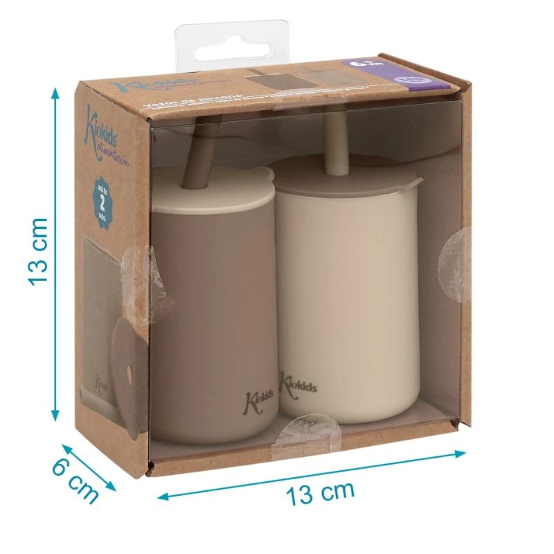 Kiokids Ecofrfiendly Σετ Σιλικονούχα Ποτήρια Με Καλαμάκι 2 τμχ Για 6+ Μηνών 180ml Beige