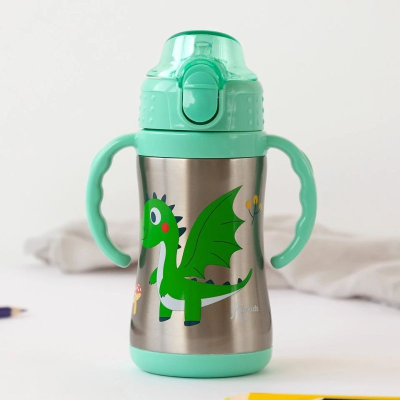 Kiokids Παγούρι-Θερμός Με Λαβές Για 6+ Μηνών 280ml Dragon Green