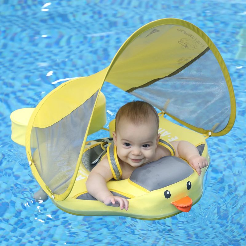 MamboBaby Deluxe Βρεφικό Σωσίβιο με Σκίαστρο και Ζώνη 5 Σημείων Για 3-24 Μηνών Yellow Duck