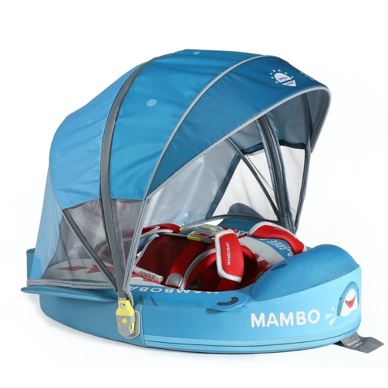 MamboBaby Ultra Βρεφικό Σωσίβιο με Σκίαστρο και Ζώνη 5 Σημείων Για 3-24 Μηνών Light Blue Shark