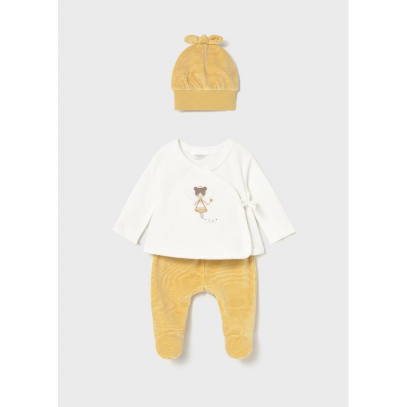 Mayoral Βρεφικό Βελουτέ Σετ Μακρυμάνικο Μπλουζάκι, Παντελονάκι Με Κλειστό Πέλμα και Σκουφάκι 3 τμχ Πράσινο Μέλι 15-02559-070
