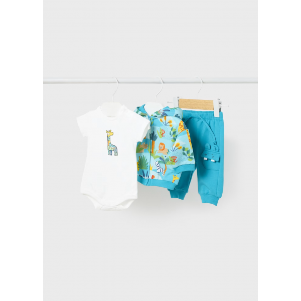 Mayoral Βρεφική Φορμα 3 τμχ Με Κορμάκι, Ζακέτα και Μακρυμάνικο Παντελόνι Γαλαζοπράσινο 24-01817-025