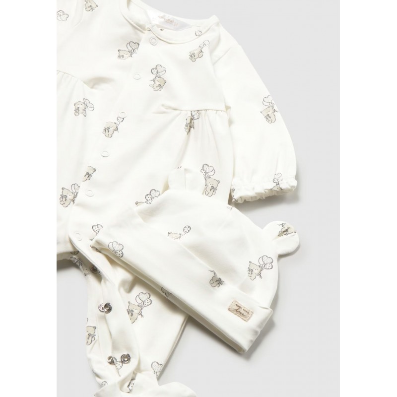 Mayoral Better Cotton Βρεφικό Σετ Μακρυμάνικο Ολόσωμο Φορμάκι Με Κλειστό Πέλμα Και Σκουφάκι 2 τμχ Εκρού 26-01706-087