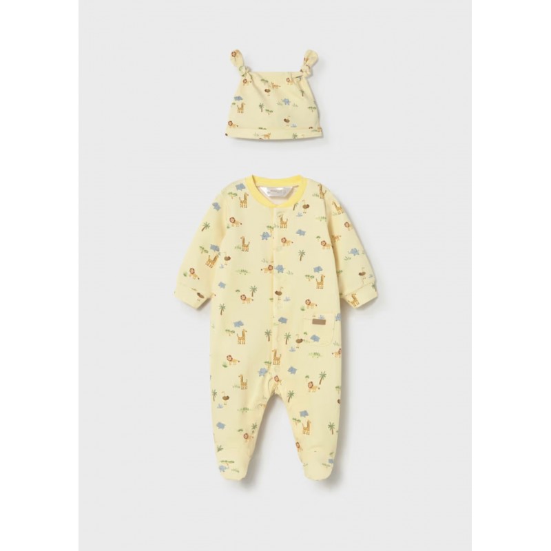 Mayoral Better Cotton Βρεφικό Σετ Μακρυμάνικο Ολόσωμο Φορμάκι Με Κλειστό Πέλμα Και Σκουφάκι 2 τμχ Κίτρινο 26-01718-067