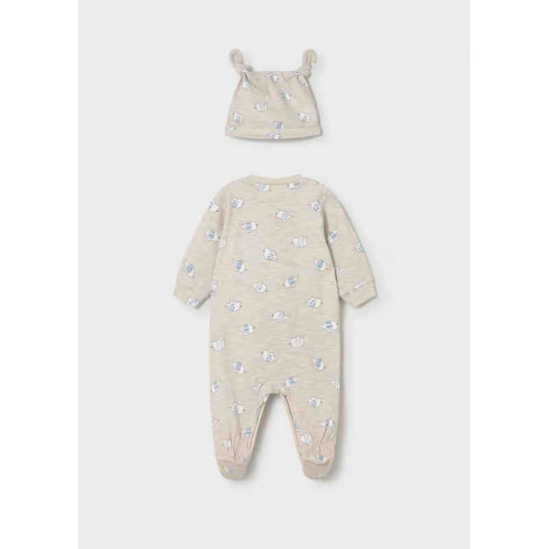 Mayoral Better Cotton Βρεφικό Σετ Μακρυμάνικο Ολόσωμο Φορμάκι Με Κλειστό Πέλμα Και Σκουφάκι 2 τμχ Μπεζ 26-01718-068