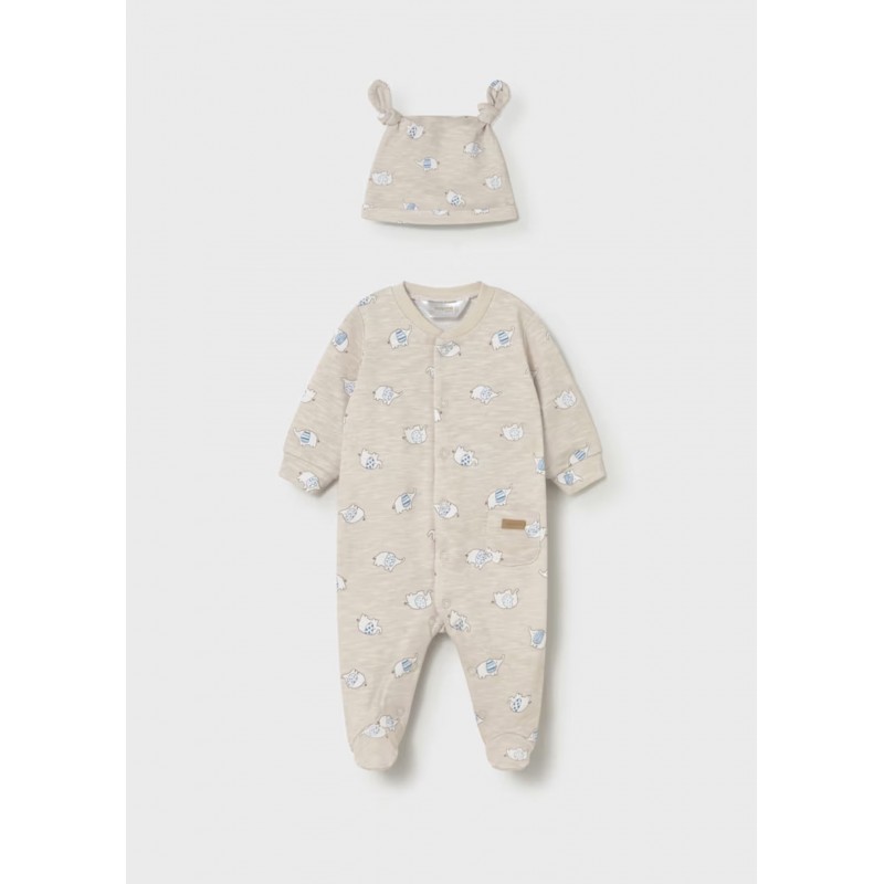 Mayoral Better Cotton Βρεφικό Σετ Μακρυμάνικο Ολόσωμο Φορμάκι Με Κλειστό Πέλμα Και Σκουφάκι 2 τμχ Μπεζ 26-01718-068