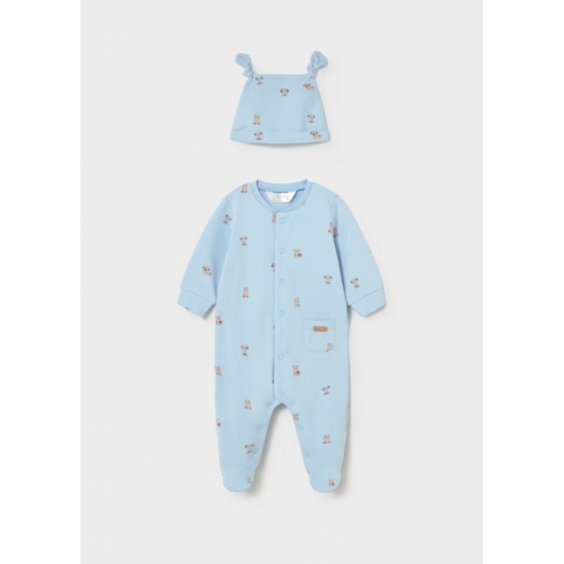 Mayoral Better Cotton Βρεφικό Σετ Μακρυμάνικο Ολόσωμο Φορμάκι Με Κλειστό Πέλμα Και Σκουφάκι 2 τμχ Σιέλ 26-01718-069