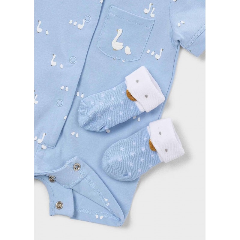 Mayoral Better Cotton Βρεφικό Σετ Δώρου Κοντομάνικο Φορμάκι, Σαλιάρα Και Καλτσάκια 4 τμχ Σιέλ 26-01727-081