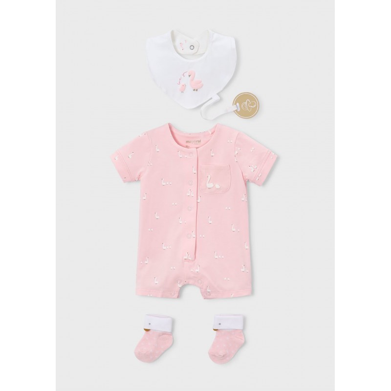 Mayoral Better Cotton Βρεφικό Σετ Δώρου Κοντομάνικο Φορμάκι, Σαλιάρα Και Καλτσάκια 4 τμχ Ροζ Μπεμπέ 26-01727-082