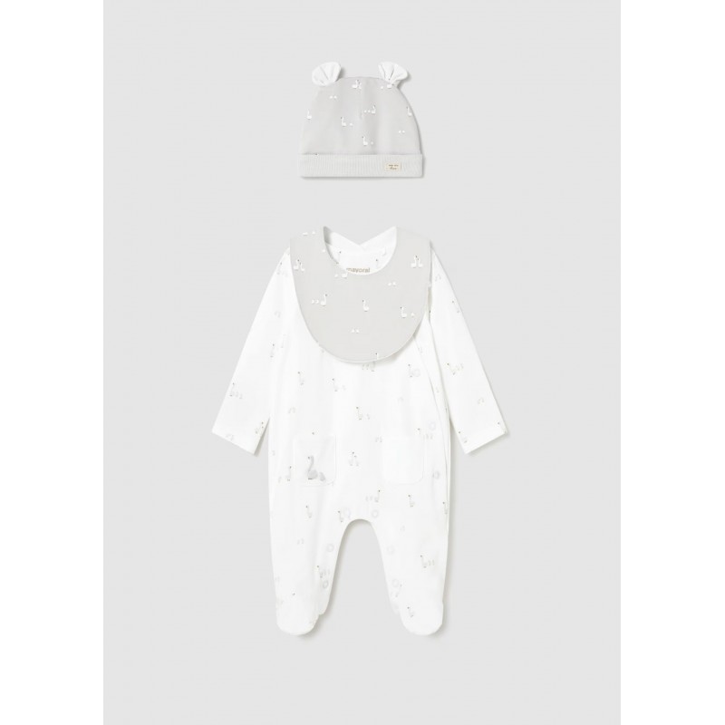 Mayoral Better Cotton Βρεφικό Σετ Δώρου Μακρυμάνικο Φορμάκι Με Κλειστό Πέλμα, Σαλιάρα Και Σκουφάκι 3 τμχ Λευκό 26-01727-079