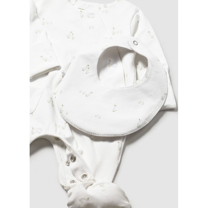 Mayoral Better Cotton Βρεφικό Σετ Δώρου Μακρυμάνικο Φορμάκι Με Κλειστό Πέλμα, Σαλιάρα Και Σκουφάκι 3 τμχ Λευκό 26-01727-079