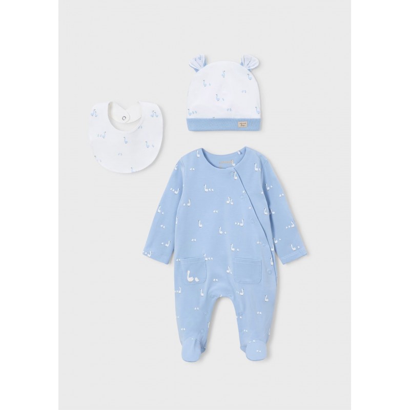 Mayoral Better Cotton Βρεφικό Σετ Δώρου Μακρυμάνικο Φορμάκι Με Κλειστό Πέλμα, Σαλιάρα Και Σκουφάκι 3 τμχ Σιέλ 26-01727-081