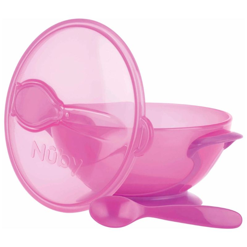 Nuby Easy Go Σετ Μπολ Φαγητού Με Βεντούζα, Καπάκι Και Κουτάλι Για 6+ Μηνών 400ml Pink