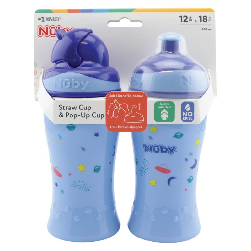 Nuby Σετ Εκπαιδευτικά Ποτηράκια Με Καλαμάκι Και Με Μαλακό Στόμιο 2 τμχ 360ml Για 12+ και 18+ Μηνών Blue