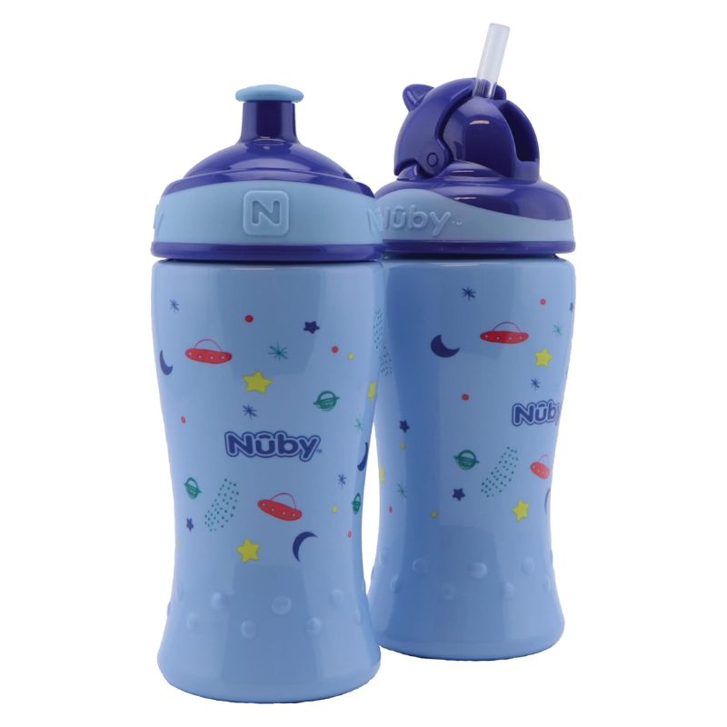 Nuby Σετ Εκπαιδευτικά Ποτηράκια Με Καλαμάκι Και Με Μαλακό Στόμιο 2 τμχ 360ml Για 12+ και 18+ Μηνών Blue