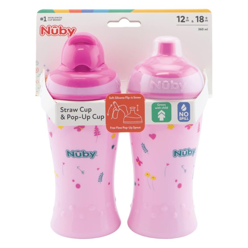 Nuby Σετ Εκπαιδευτικά Ποτηράκια Με Καλαμάκι Και Με Μαλακό Στόμιο 2 τμχ 360ml Για 12+ και 18+ Μηνών Pink