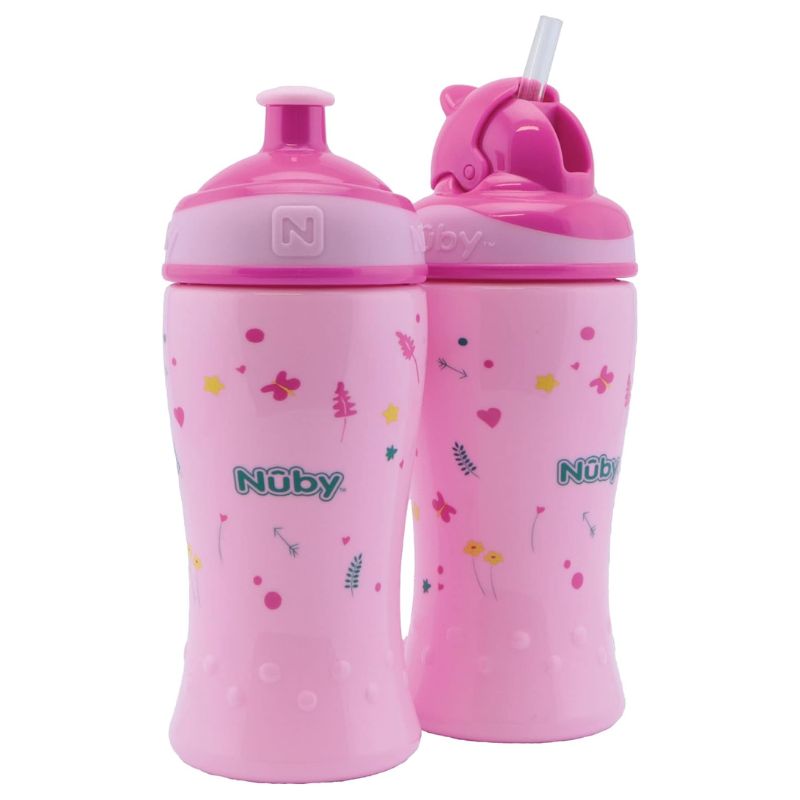 Nuby Σετ Εκπαιδευτικά Ποτηράκια Με Καλαμάκι Και Με Μαλακό Στόμιο 2 τμχ 360ml Για 12+ και 18+ Μηνών Pink