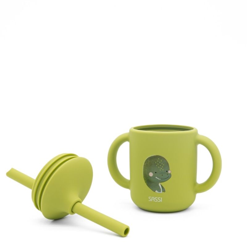 Sassi Σιλικονούχο Εκπαιδευτικό Σιλικονούχο Ποτήρι Με Καλαμάκι Και Χερούλια Για 6+ Μηνών 120ml Cracky the Dinosaur