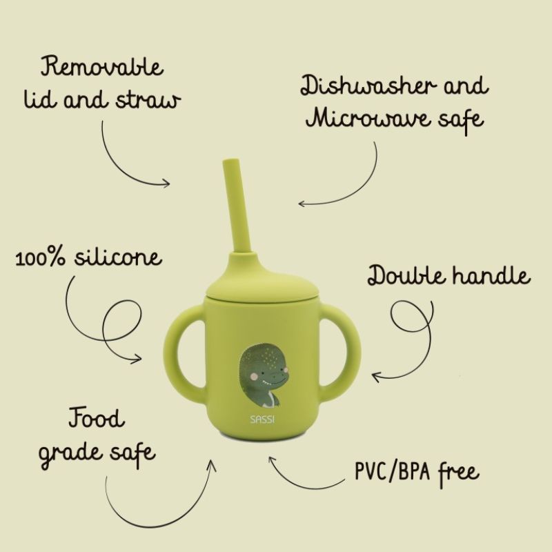 Sassi Σιλικονούχο Εκπαιδευτικό Σιλικονούχο Ποτήρι Με Καλαμάκι Και Χερούλια Για 6+ Μηνών 120ml Cracky the Dinosaur