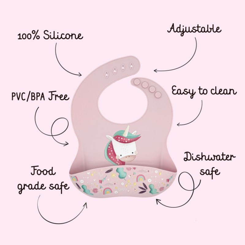 Sassi Σιλικονούχα Σαλιάρα Με Τσέπη Για 6+ Μηνών Sparkly the Unicorn