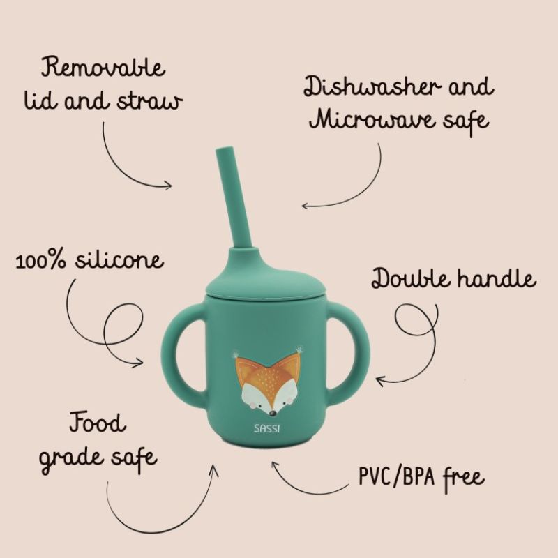 Sassi Σιλικονούχο Εκπαιδευτικό Σιλικονούχο Ποτήρι Με Καλαμάκι Και Χερούλια Για 6+ Μηνών 120ml Crunchy the Fox