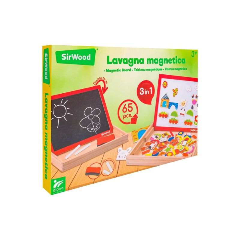 SirWood Ξύλινος Μαγνητικό Πίνακας 3-Σε-1 Με 65 Μαγνητάκια & 2 Κιμωλίες Για 3+ Ετών