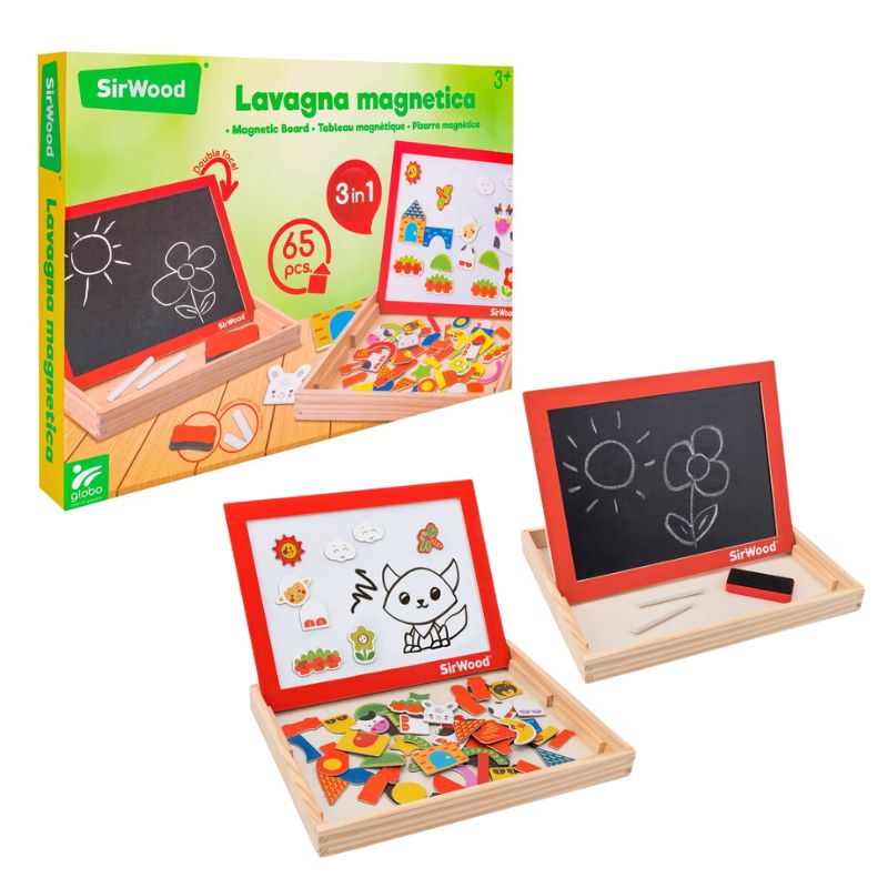 SirWood Ξύλινος Μαγνητικό Πίνακας 3-Σε-1 Με 65 Μαγνητάκια & 2 Κιμωλίες Για 3+ Ετών