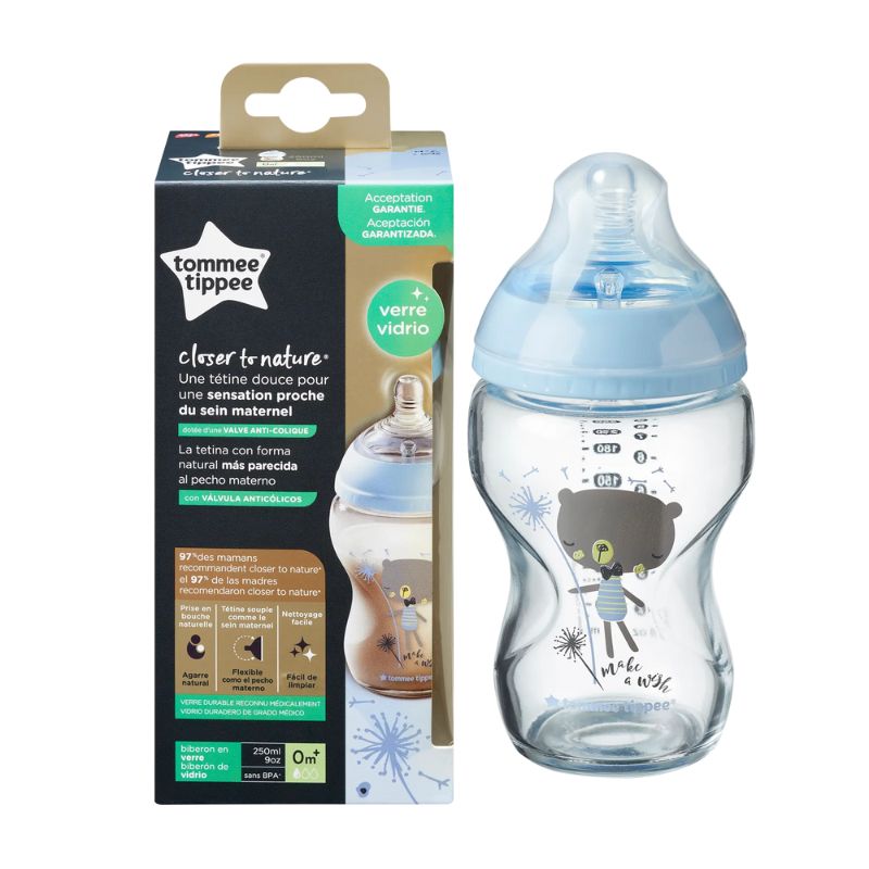 Tommee Tippee Γυάλινο μπιμπερό 250ml (1) - μικρή ροή-μπλε με σχέδιο