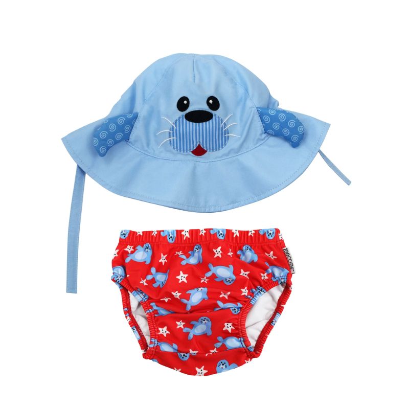 Zoocchini Βρεφικό Σετ Αντιηλιακό Καπέλο Bucket Και Πάνα Μαγιό με UPF 50+ Για 6-12 Μηνών Sunny the Seal