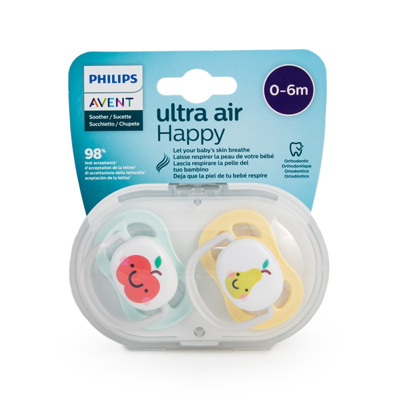 Philips Ορθοδοντικές Πιπίλες Σιλικόνης για 0-6 μηνών Μήλο - Αχλάδι Πράσινο - Κίτρινο 2τμχ