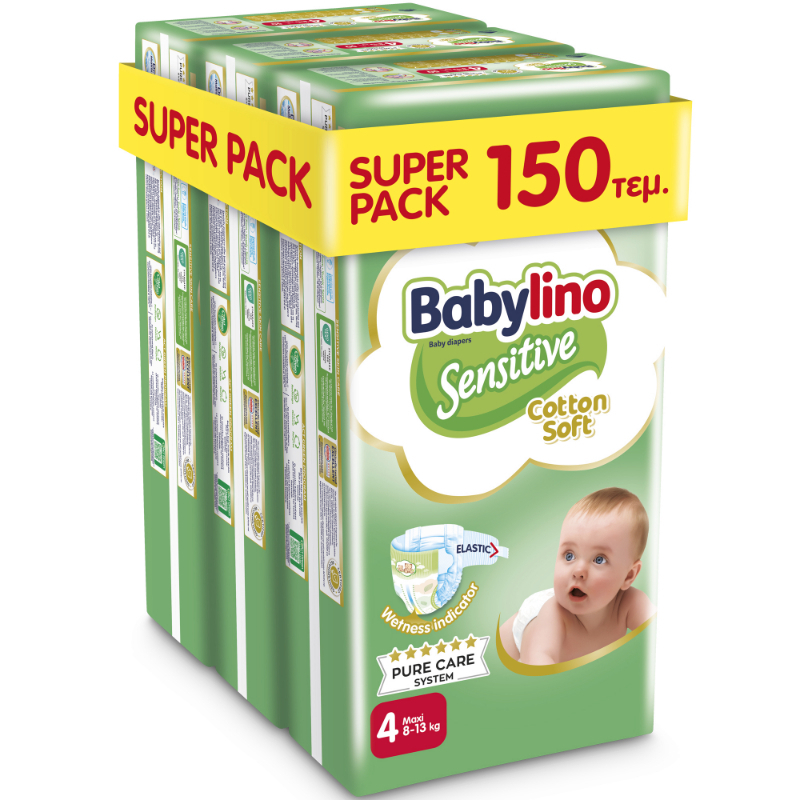 Babylino Πάνες με Αυτοκόλλητο Sensitive Cotton Soft No. 4 για 8-13kg 150τμχ Babylino Πάνες με Αυτοκόλλητο Sensitive Cotton Soft No. 4 για 8-13kg 150τμχ