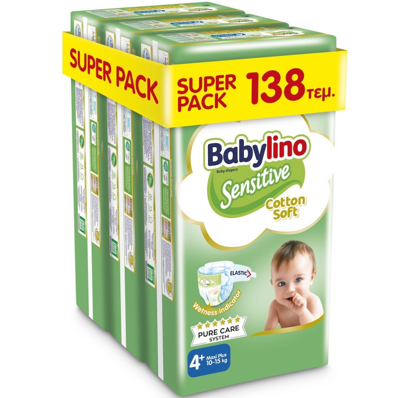 Babylino Πάνες με Αυτοκόλλητο Sensitive Cotton Soft Monthly Pack No. 4+ για 10-15kg 138τμχ Babylino Πάνες με Αυτοκόλλητο Sensitive Cotton Soft Monthly Pack No. 4+ για 10-15kg 138τμχ