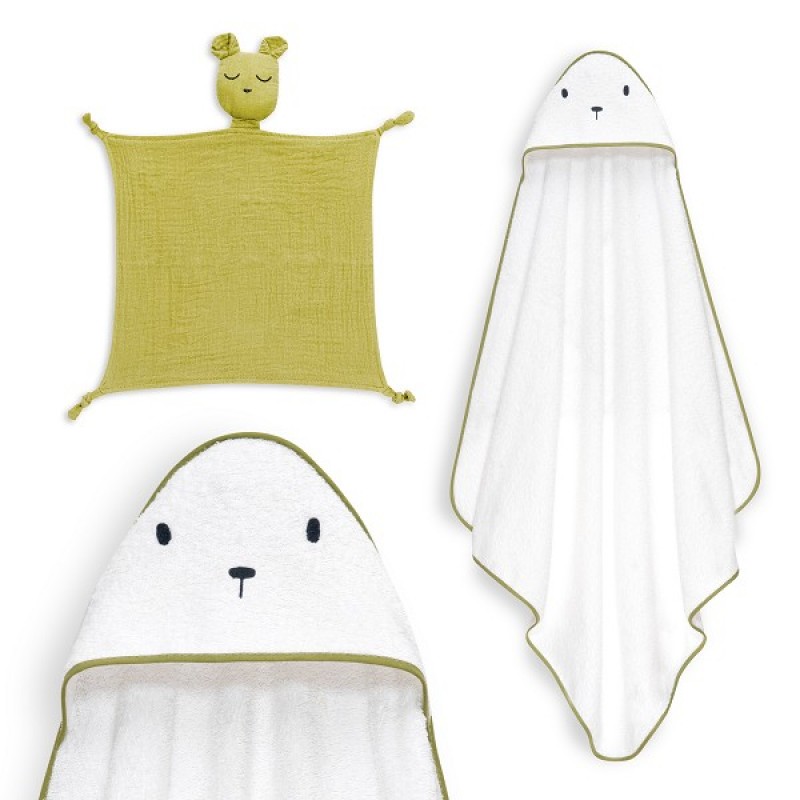 Interbaby Bear Σετ Μπουρνούζι &#038; Πανάκι Παρηγοριάς Μουσελίνας White-Green