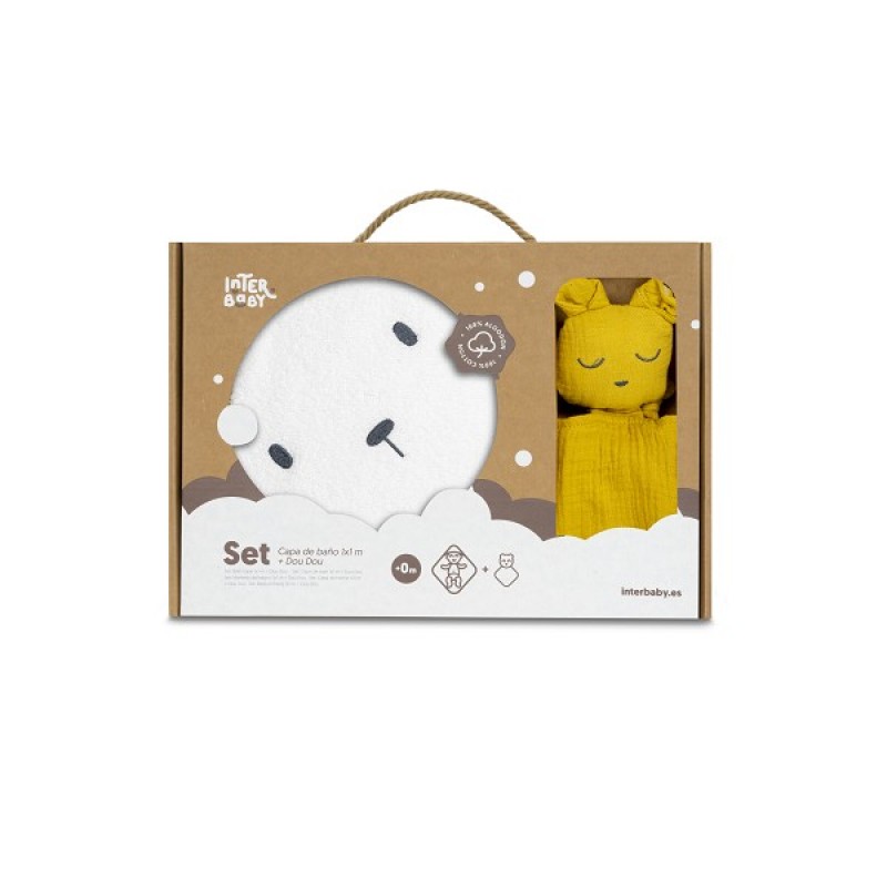 Interbaby Bear Σετ Μπουρνούζι &#038; Πανάκι Παρηγοριάς Μουσελίνας White-Yellow