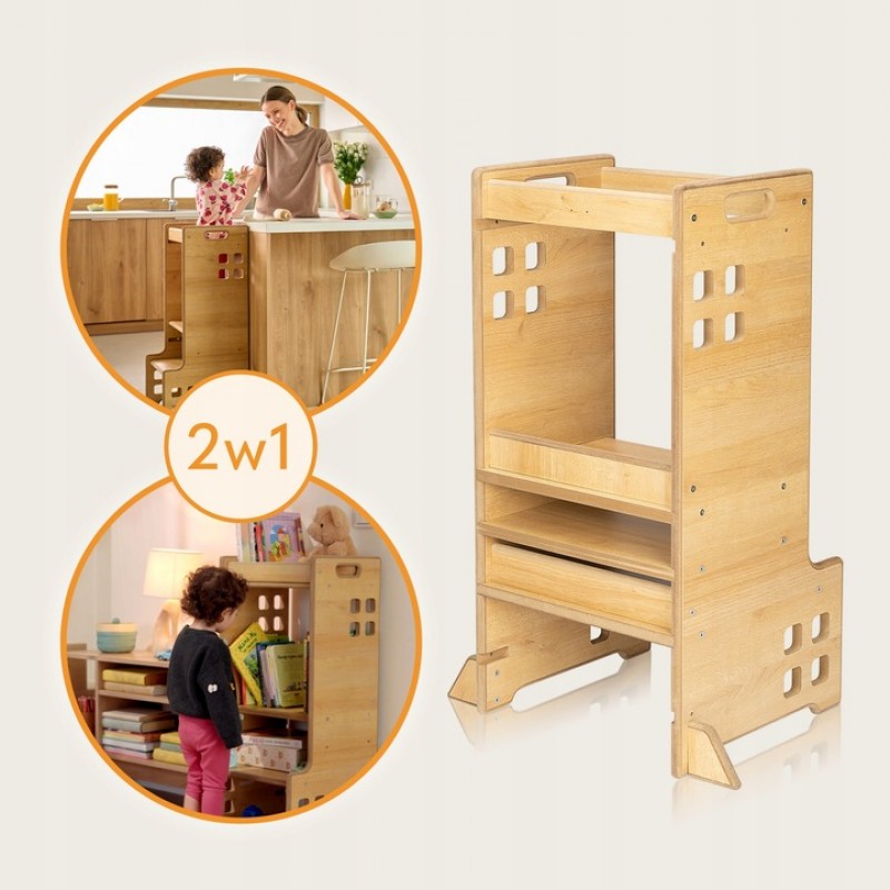 Lionelo Cass Montessori Ξύλινος Πύργος Εκμάθησης - Βιβλιοθήκη 2 σε 1 88cm Natural