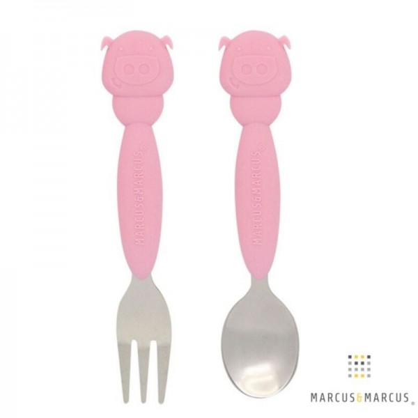 Marcus & Marcus Σετ Με Κουτάλι Και Πιρούνι Inox Με Λαβή Σιλικόνης 36m+ Γουρουνάκι