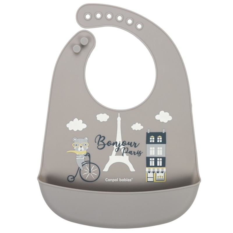Canpol babies σαλιάρα σιλικόνης με τσέπη Bonjour Paris Beige